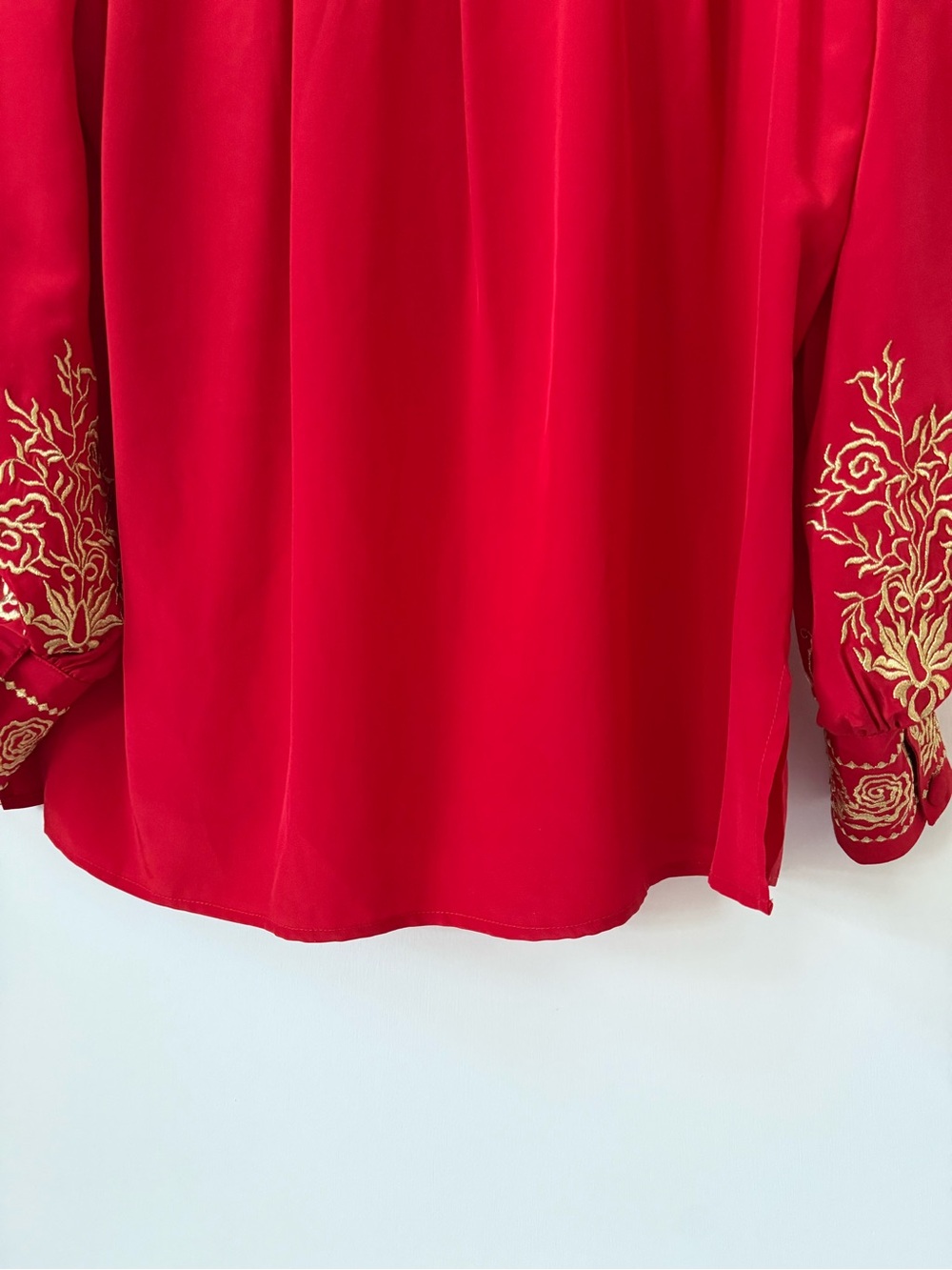 Vintage 100% Silk Diane Von Furstenberg Red Gold Embroidered Button Front Blouse - Picture 11 of 14
